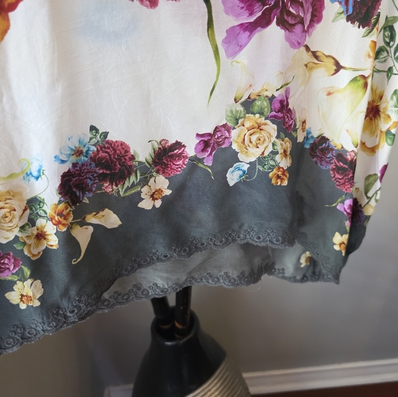 Johnny Was Floral Blouse - Purple, Yellow, Cream. 34" long, chest is 25".  Silk. - Picture 7 of 9